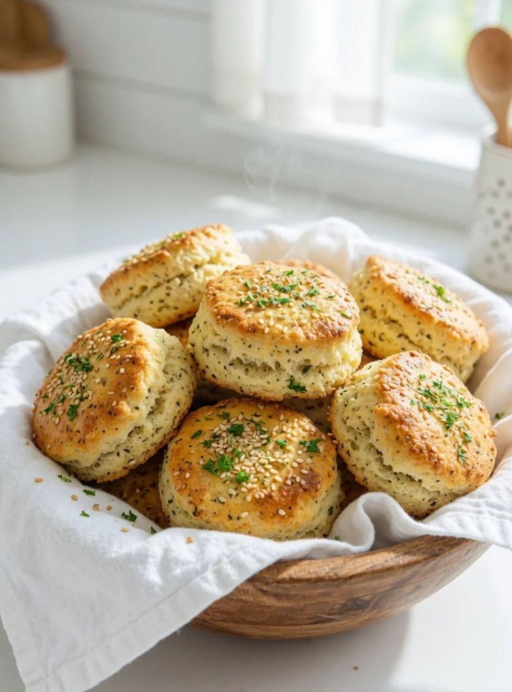 Frische Käse Kräuter Abendbrötchen auf einem rustikalen Holzbrett