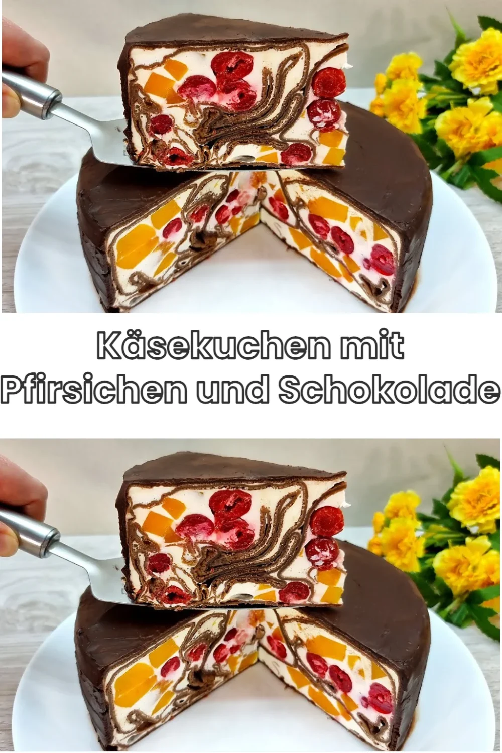 Käsekuchen mit Pfirsichen und Schokolade auf einem Teller