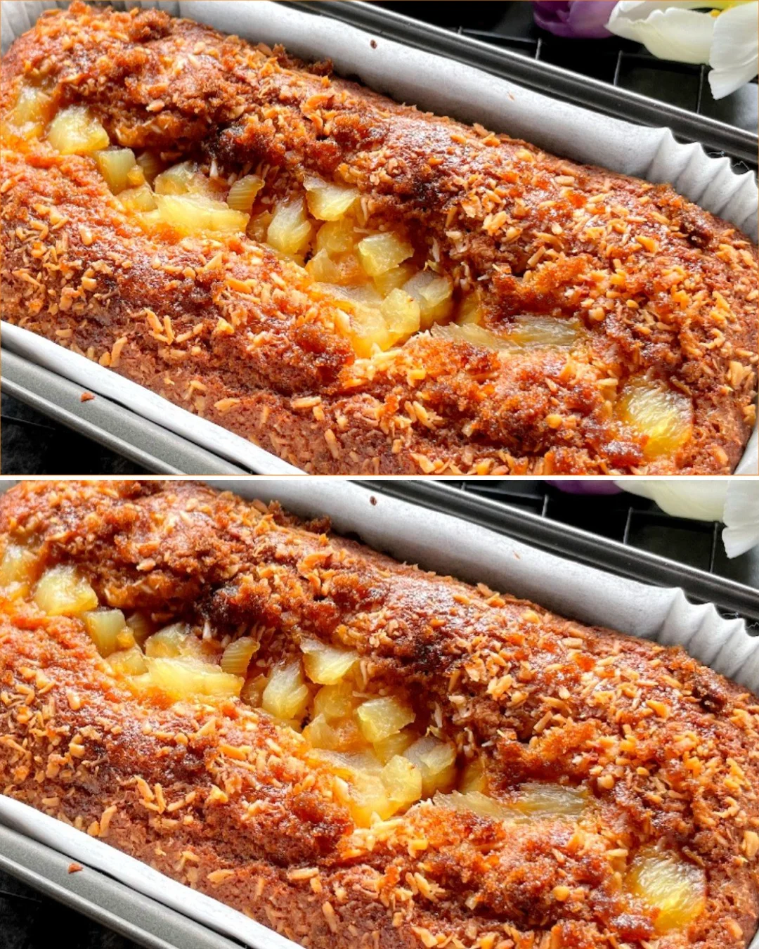 Klebriger saftiger Ananas-Kuchen auf einem weißen Teller
