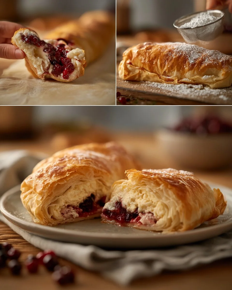 Knuspriger Topfen-Käse Strudel mit Preiselbeeren auf einem Teller