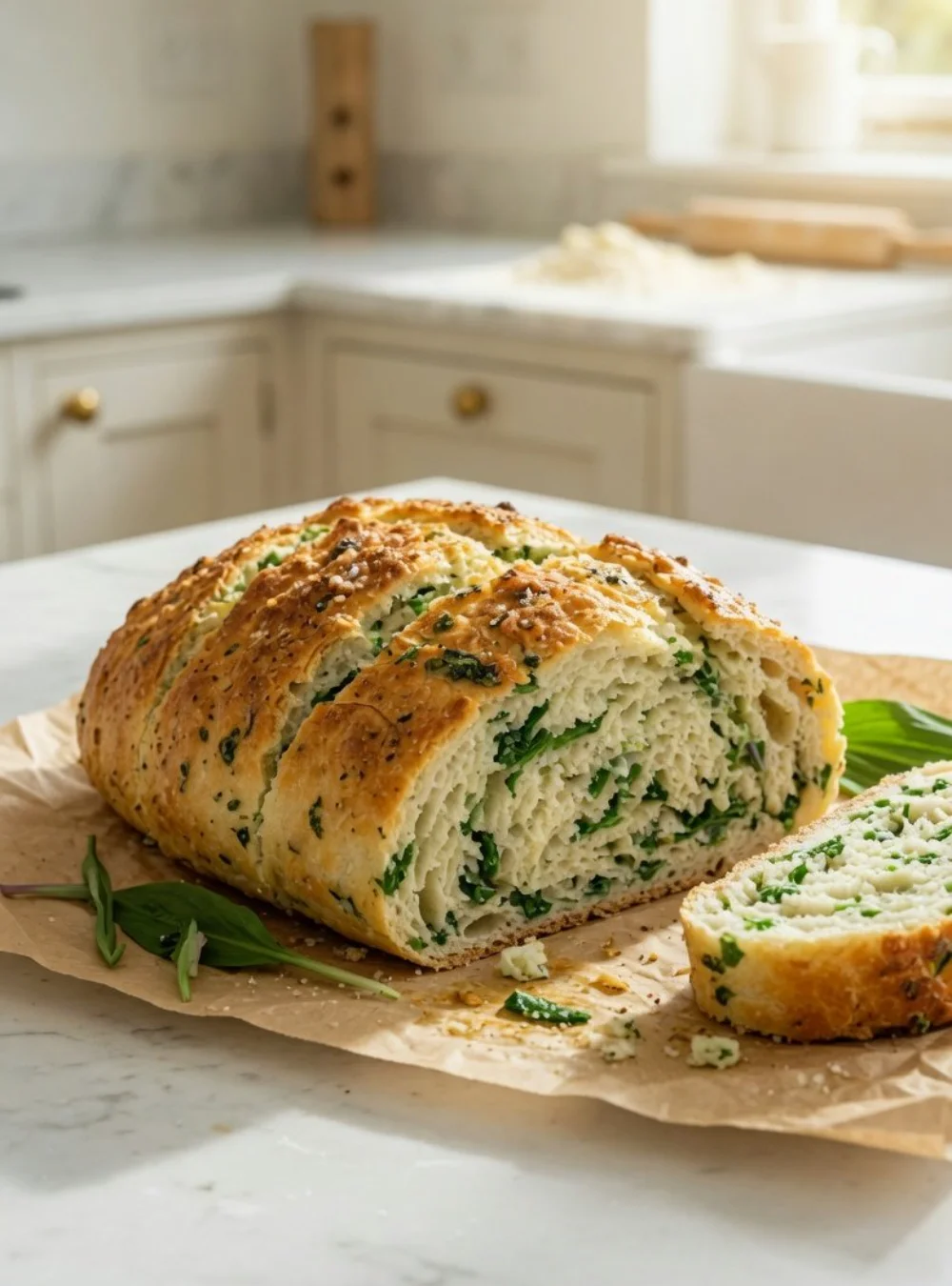 Knuspriges Bärlauchbrot auf einem Holzbrett, frisch gebacken und appetitlich angerichtet.