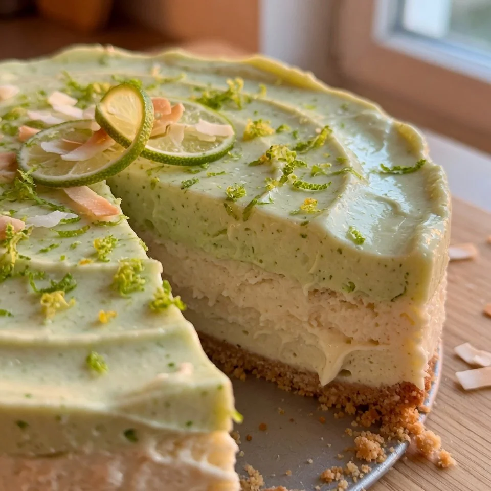 Kokos-Limetten-Mousse-Torte mit frischen Limetten und Kokosraspeln