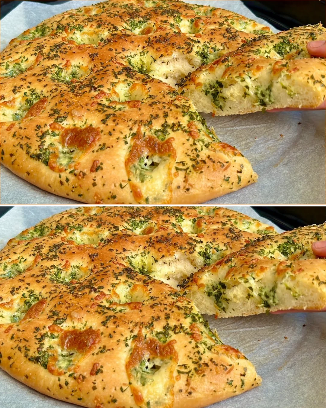 Kräuter-Knoblauch-Focaccia frisch gebacken und knusprig auf einem Tisch