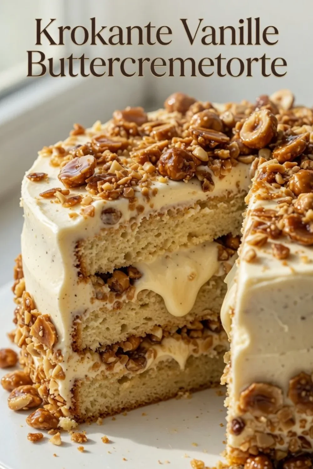 Krokant Vanille Buttercremetorte mit dekorativer Buttercreme und Krokant