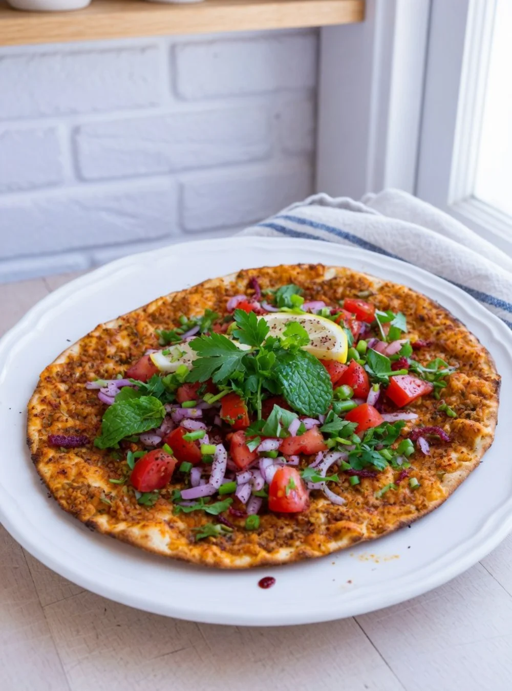Lahmacun - traditionelle türkische Pizza mit frischen Zutaten und Gewürzen