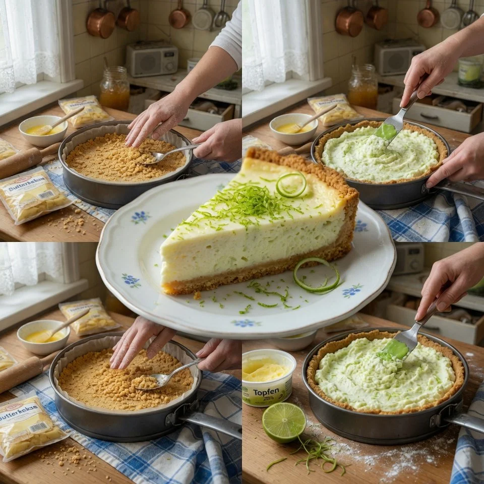 Leichter Topfen-Limetten-Käsekuchen mit frischen Limetten und Topfen