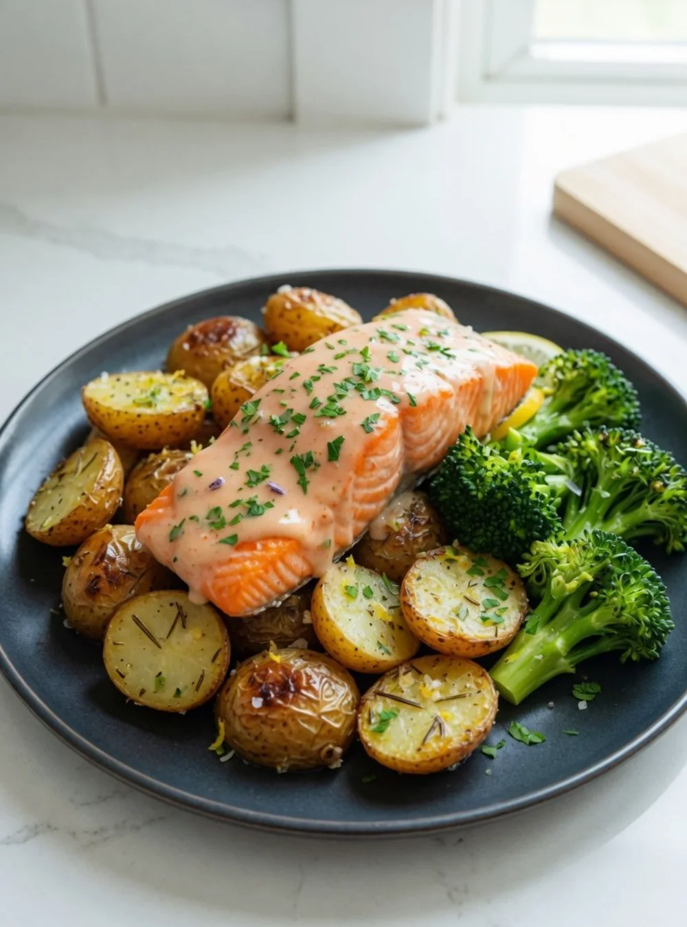 Lemon Butter Salmon mit knusprigen Kartoffeln und Brokkoli auf einem Teller