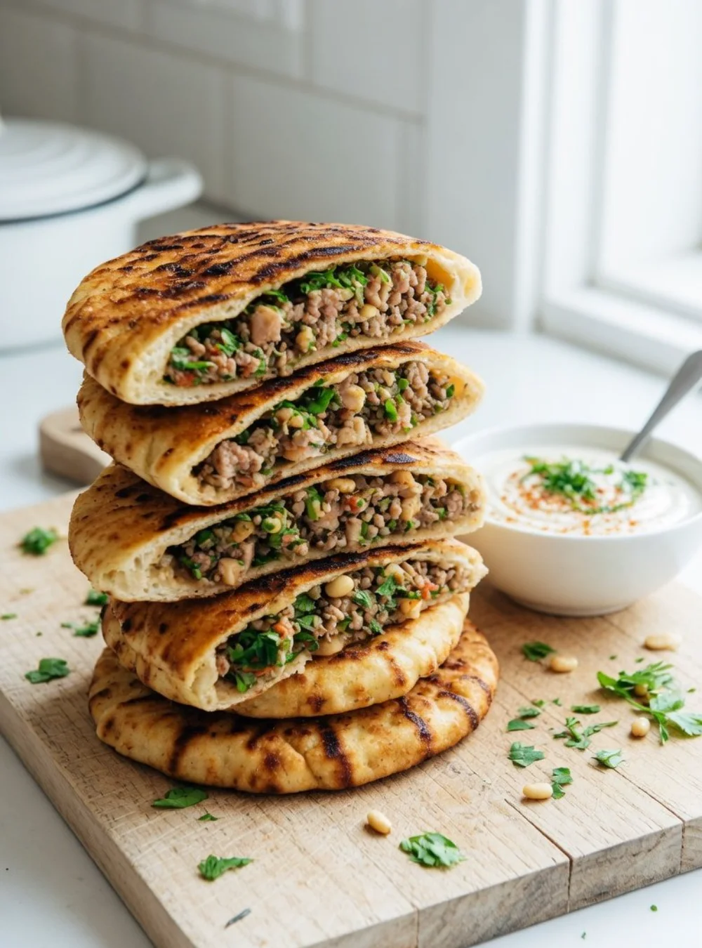 Leckere libanesische Arayes mit saftigem Fleisch im Fladenbrot serviert.