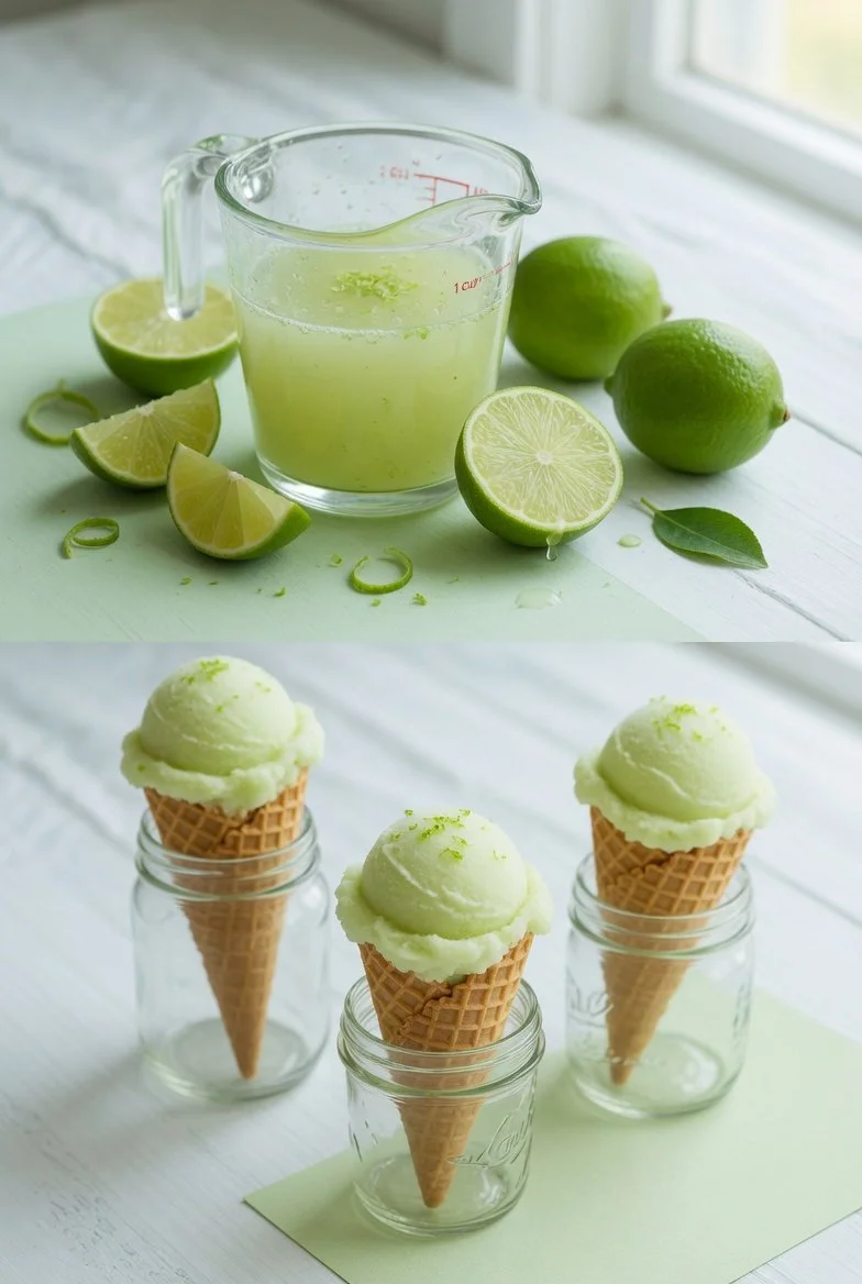 Erfrischendes Lime Sorbet in einer Schale mit Limettenscheiben