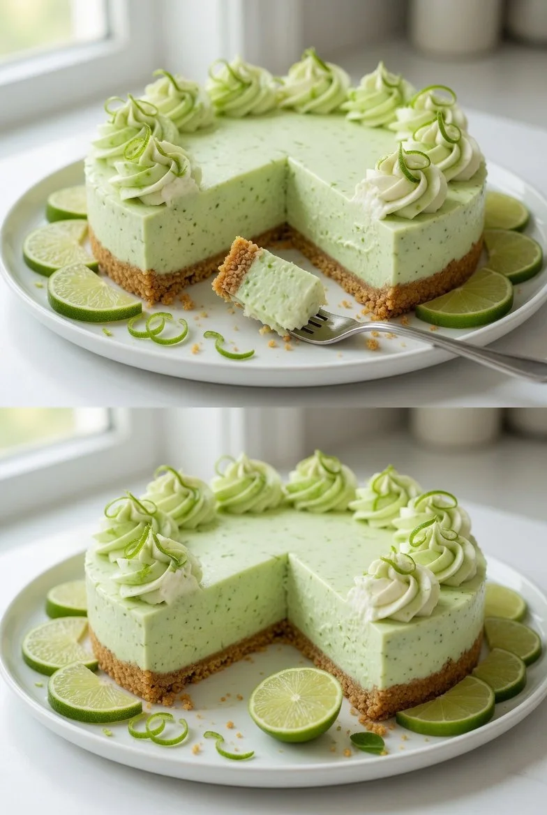 Limetten-Käsekuchen ohne Backen, cremig und erfrischend für den Sommer.