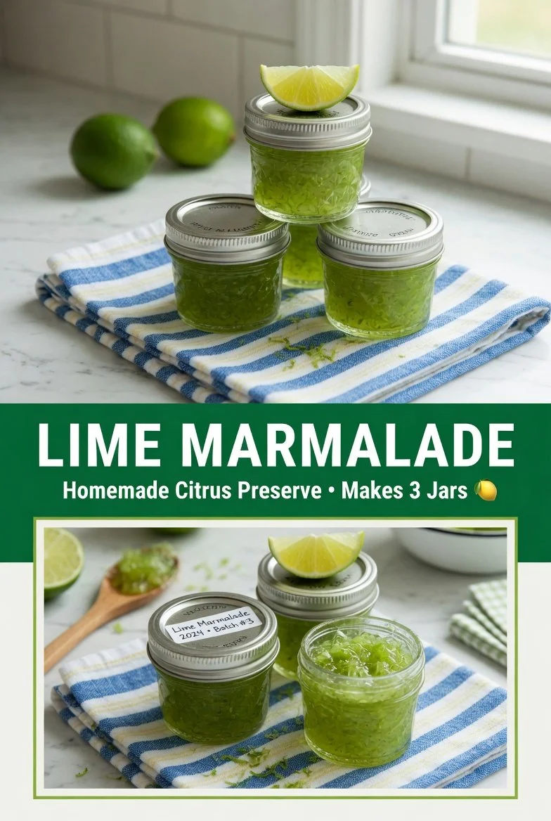 Glas Limettenmarmelade zum Einmachen auf einem rustikalen Holztisch