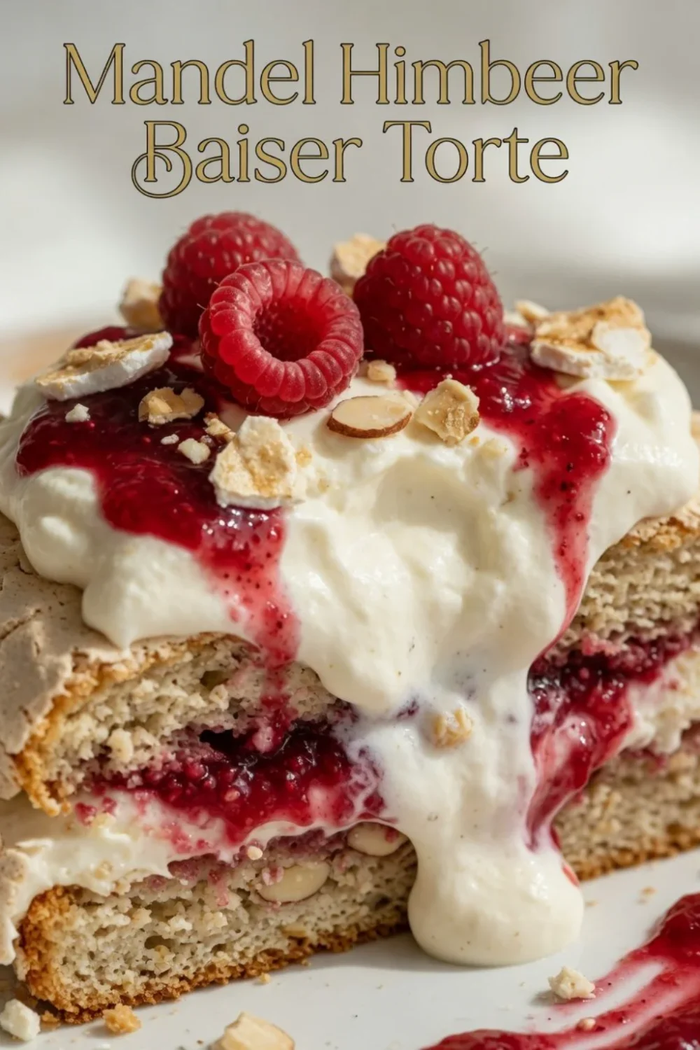 Mandel Himbeer Baiser Torte mit Himbeeren und Baiser-Schichten
