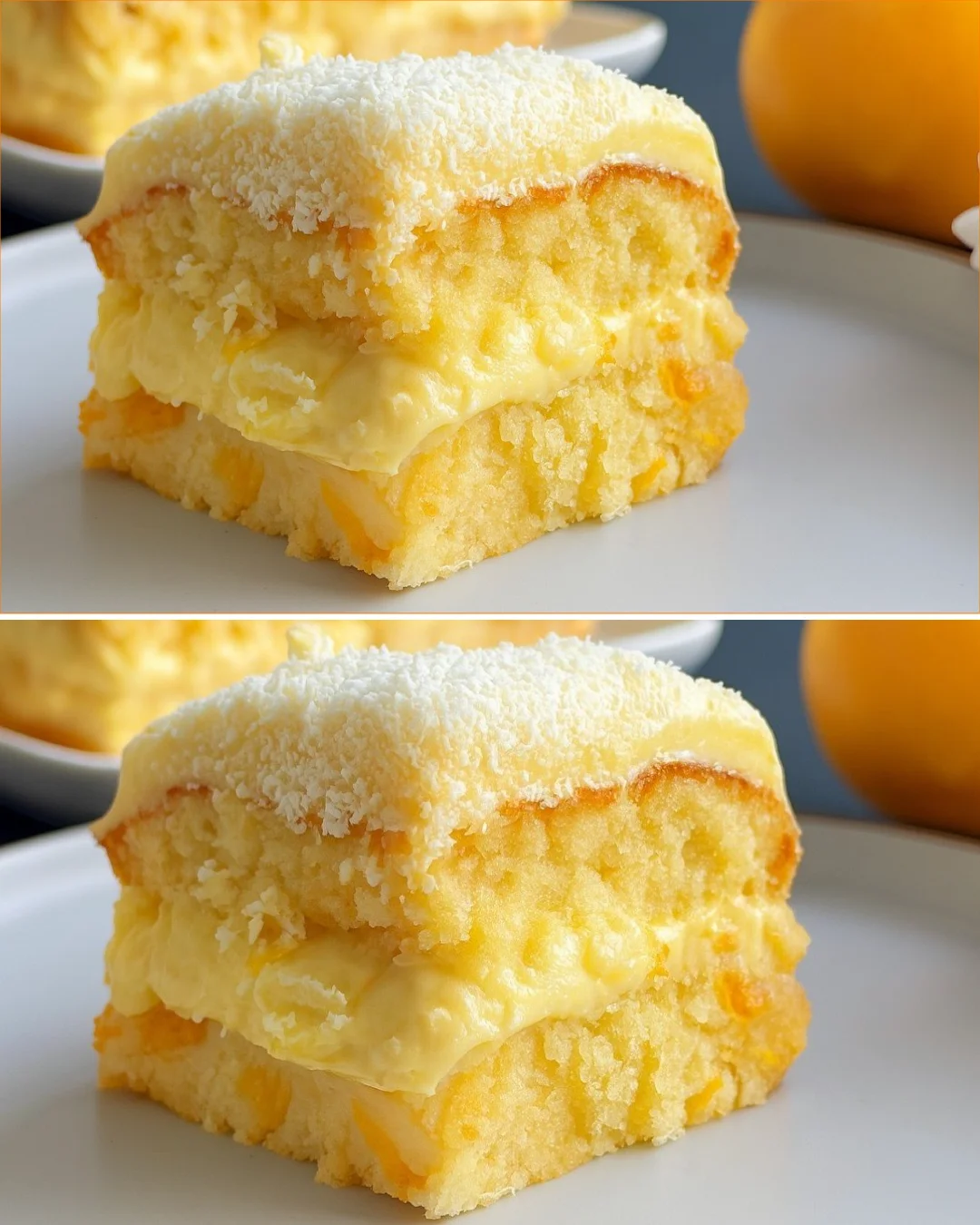 Mango Kuchen mit Kokosnuss-Ganache auf einem Teller