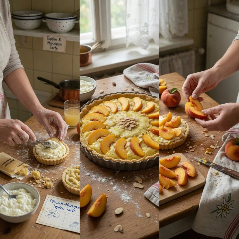 Marzipan-Topfen-Tarte mit Pfirsichen, süßer und saftiger Genuss