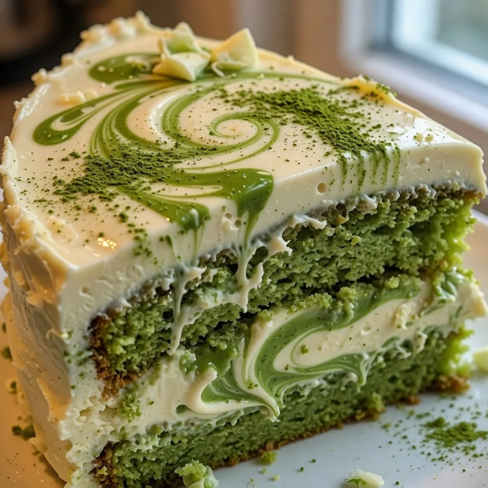 Matcha-Torte mit weißer Schokolade auf einem dekorativen Teller