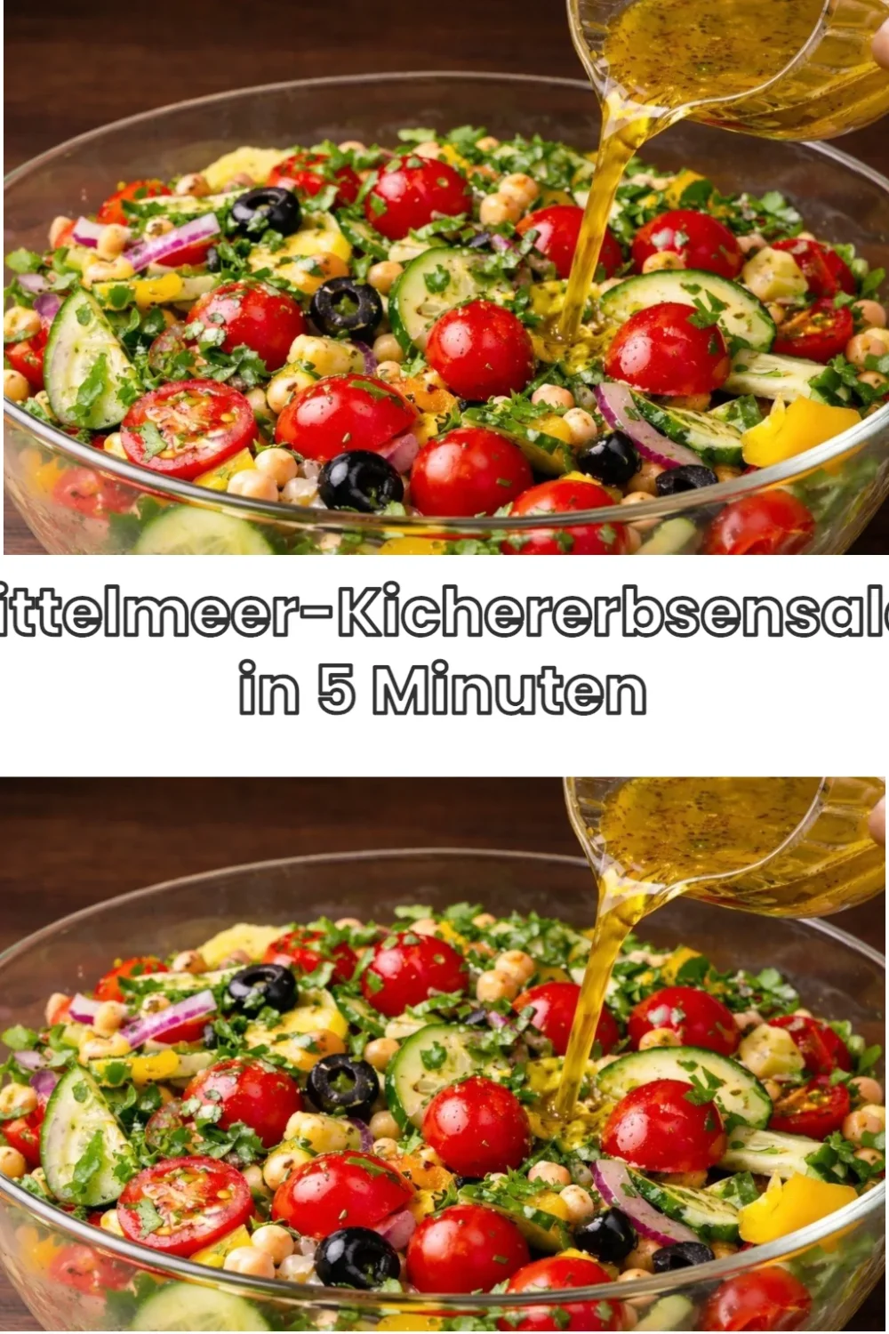 Schneller Mittelmeer-Kichererbsensalat in einer Schüssel, bereit zum Servieren.