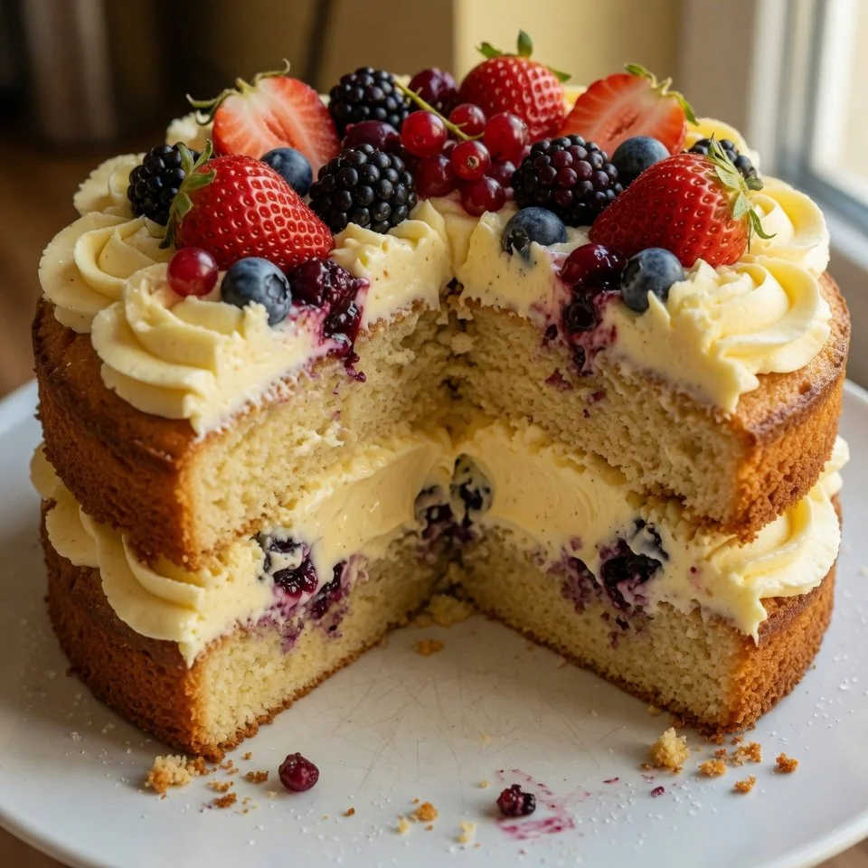 Modernisierter Frankfurter Kranz mit frischen Beeren dekoriert.
