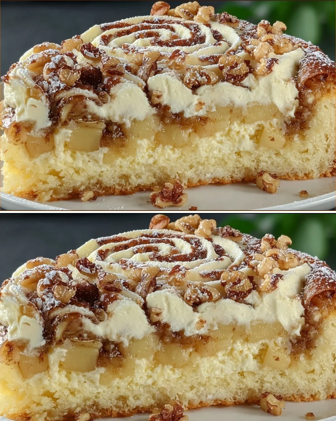 Omas Apfel-Aprikosen-Käsekuchen auf einem Teller, dekoriert mit frischen Früchten