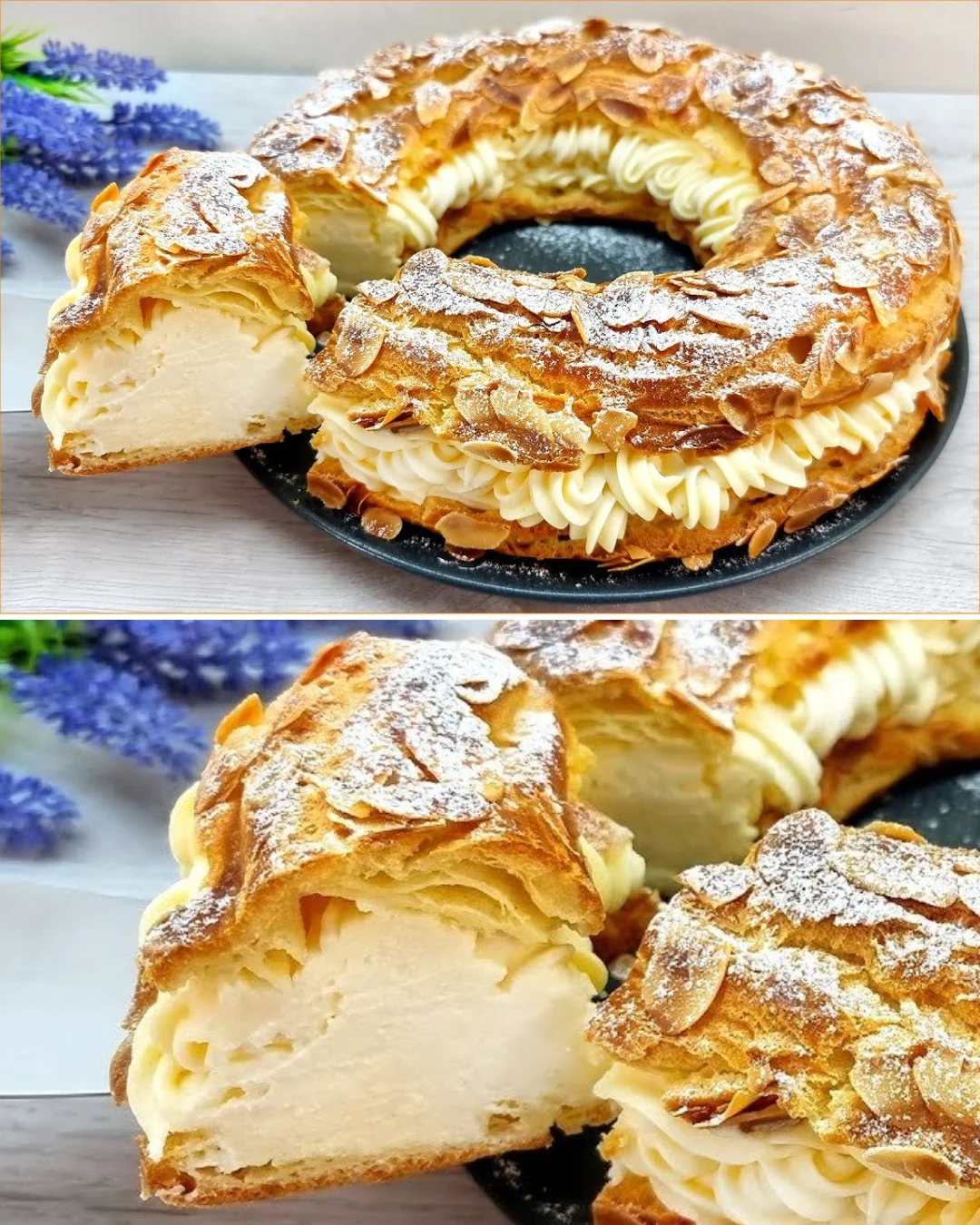 Leckere Paris-Brest Kuchen mit Mandelcreme und Puddingfüllung.
