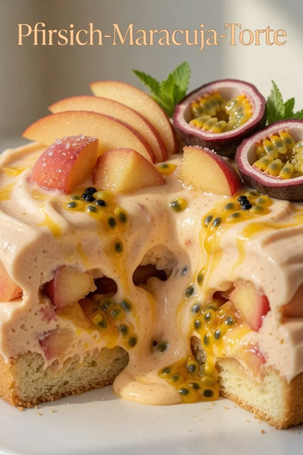 Pfirsich Maracuja Joghurt Torte mit frischen Früchten und cremigem Joghurt