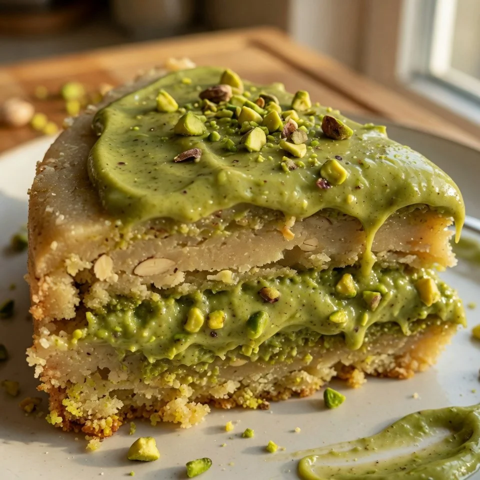 Pistazien-Marzipan-Torte mit Mandeln und Pistazien dekoriert