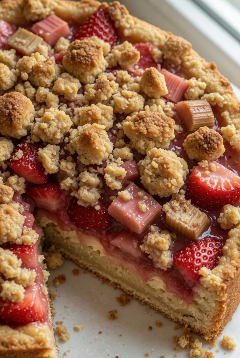 Leckere Rhabarber-Erdbeer-Streuseltorte auf einem Teller, garniert mit frischen Früchten.