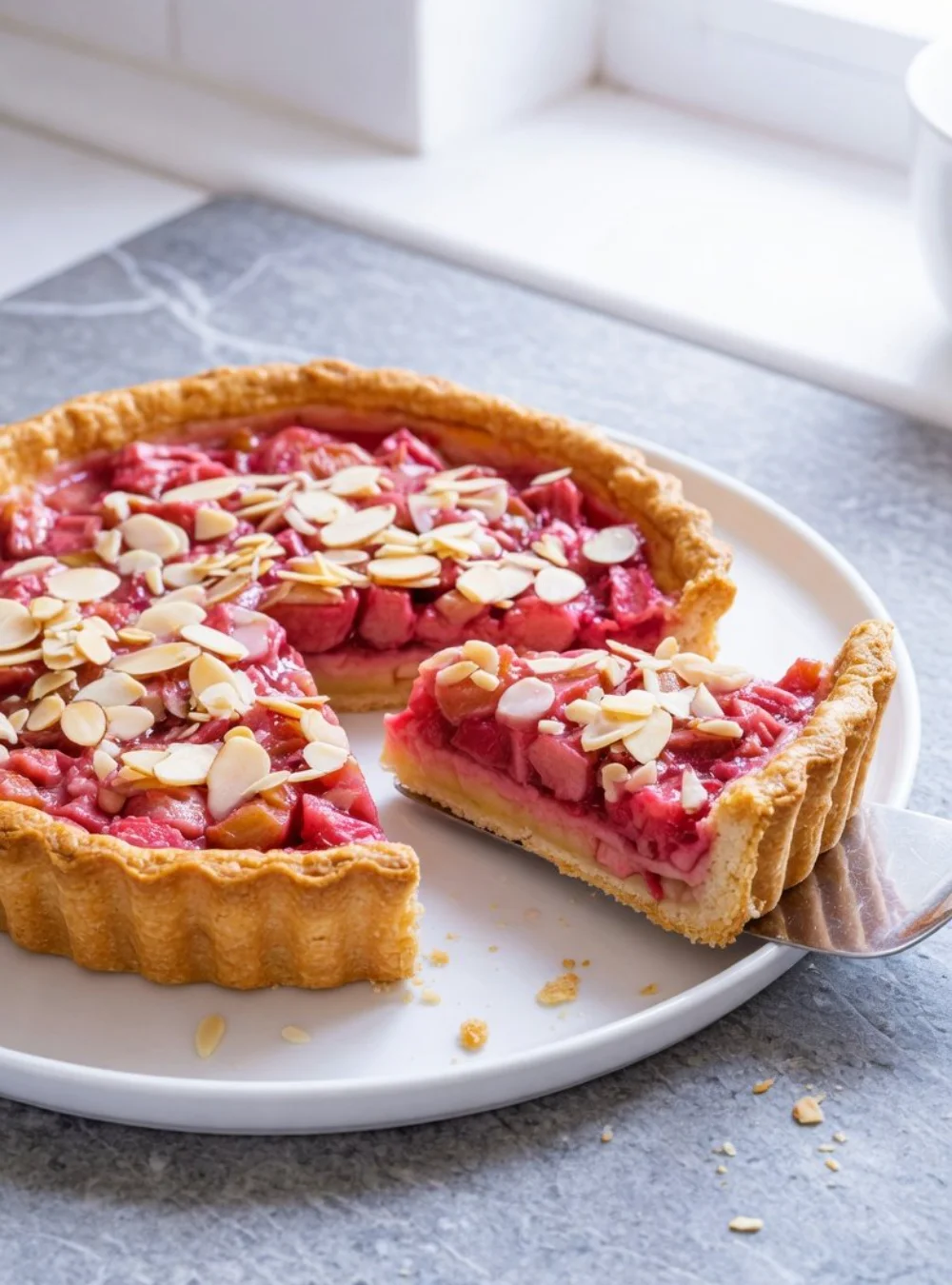 Rhabarber Tarte mit Mandelcreme auf einem Teller serviert