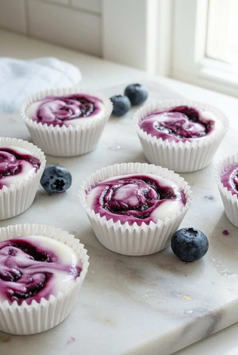 Gesunde Blaubeer-Joghurt-Bissen auf einem Teller, ideal als Snack.