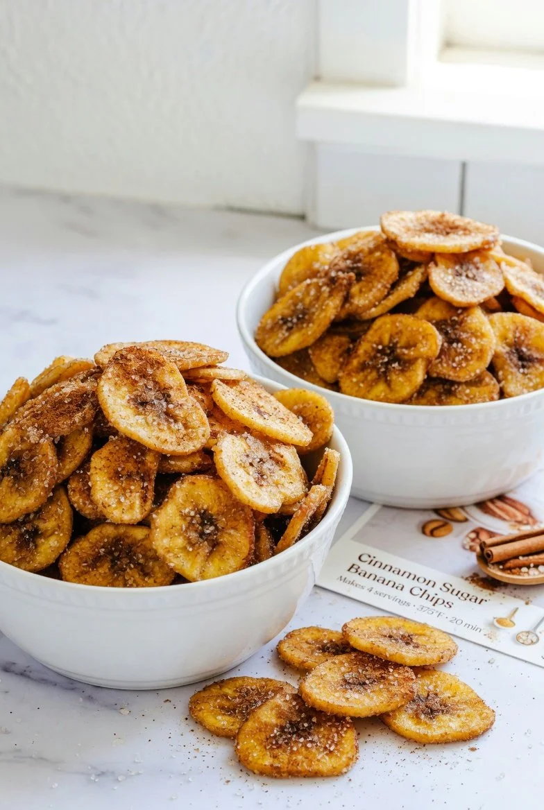 Schnelle und knusprige luftfrittierte Bananenchips mit Zimt und Zucker auf einem Teller