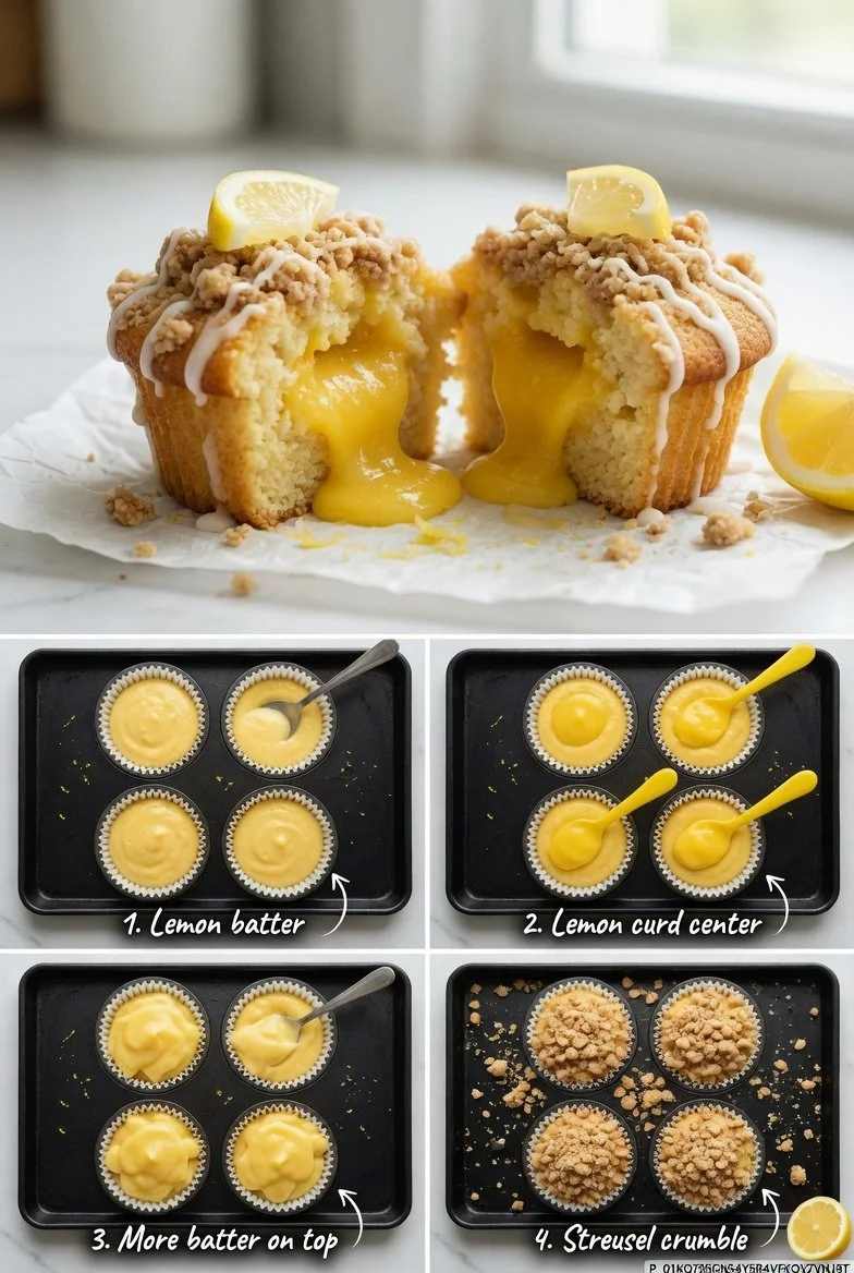 Schnelle Zitronenmuffins mit Streuseln und Zitronencreme auf einem hübschen Teller