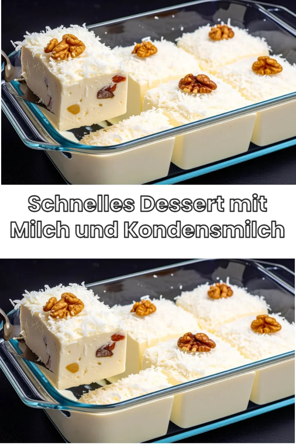 Schnelles Dessert mit Milch und Kondensmilch auf einem schönen Teller serviert.