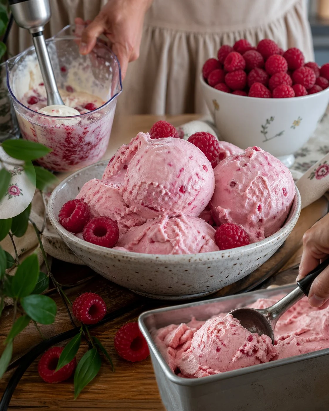 Schnelles Topfen-Eis mit Himbeeren in einer Schüssel