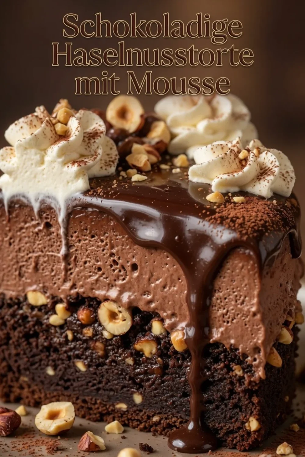 Schoko Haselnuss Mousse Torte mit Sahne und Haselnüssen auf einem Teller