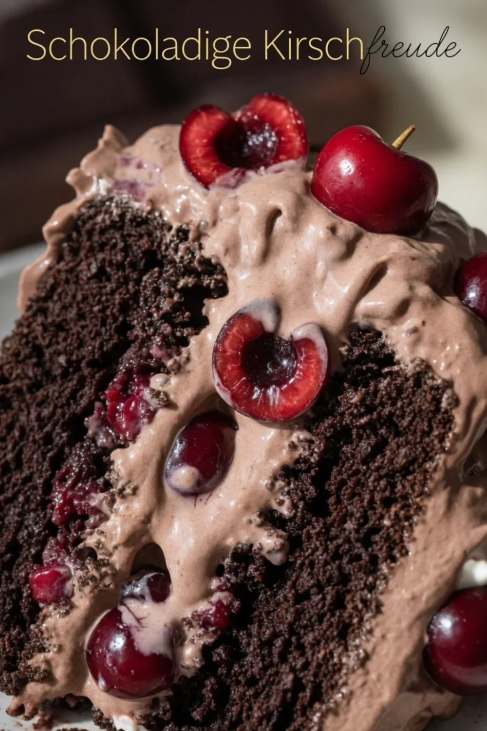 Schoko-Kirsch-Brownie-Torte mit Schokoladenganache und Kirschen