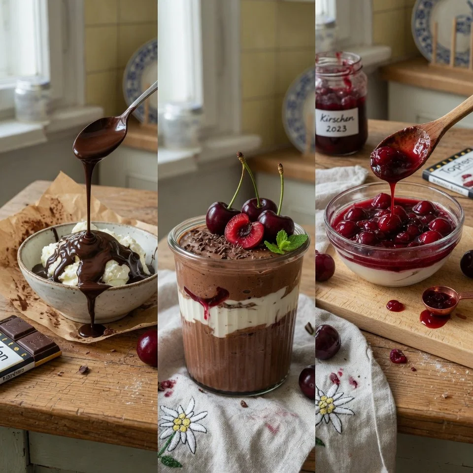 Schoko-Topfen Mousse mit Kirschen auf einem Teller serviert