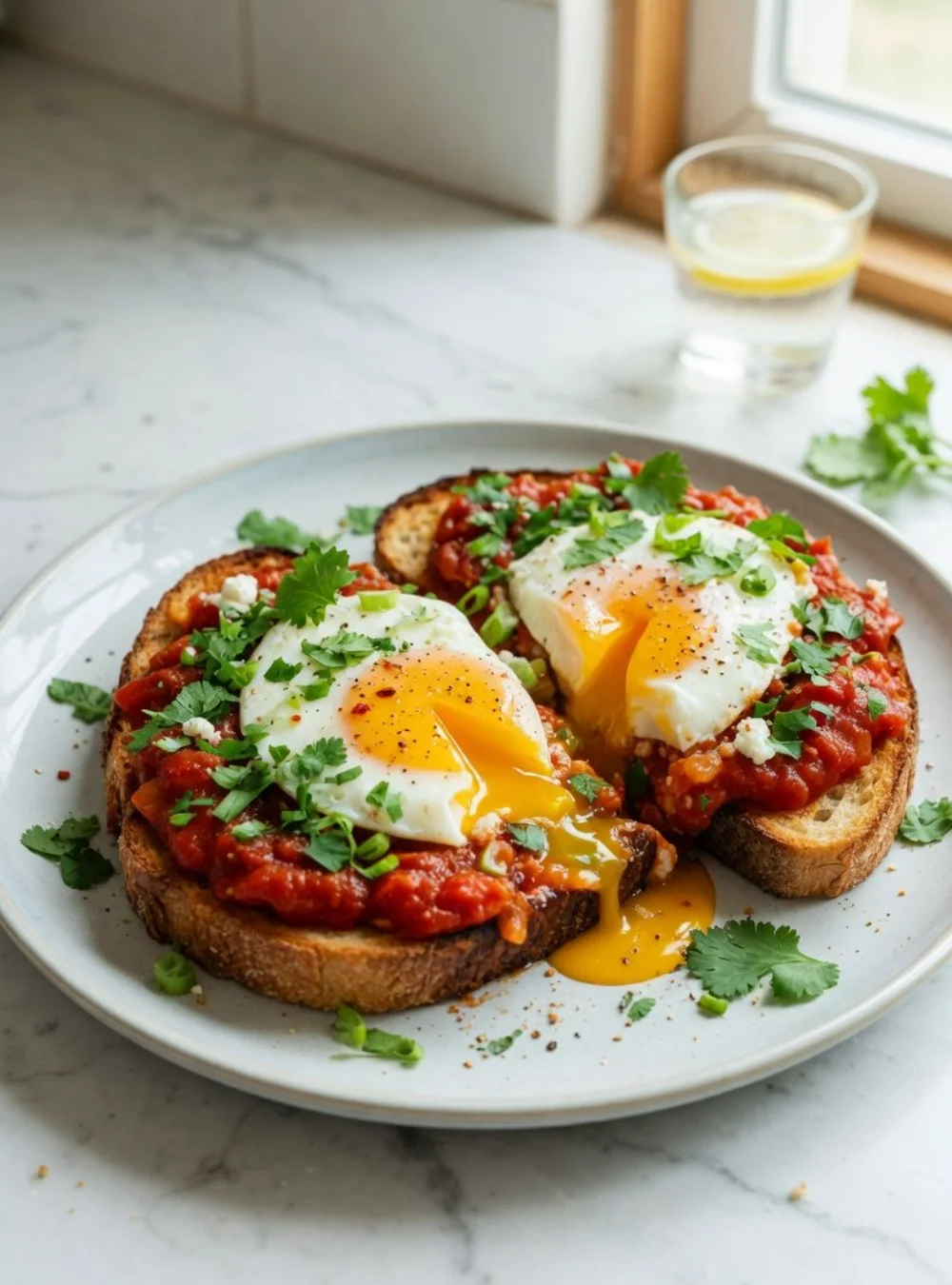 Leckeres Shakshouka-Toast mit Eiern und Gewürzen serviert