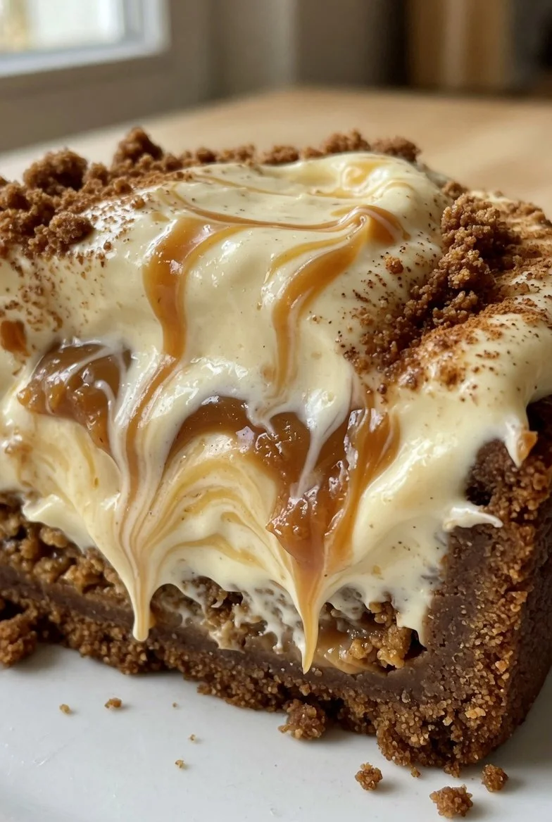 Ein Stück Speculoos-Karamell-Sahnetorte dekoriert mit Karamellsauce und Spekulatiuskrümeln.