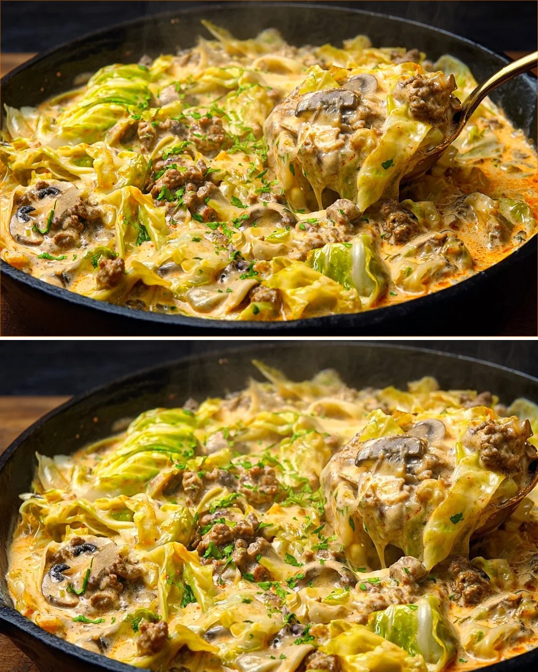 Cremiges Rindfleisch und Kohlabendessen mit Käse überbacken
