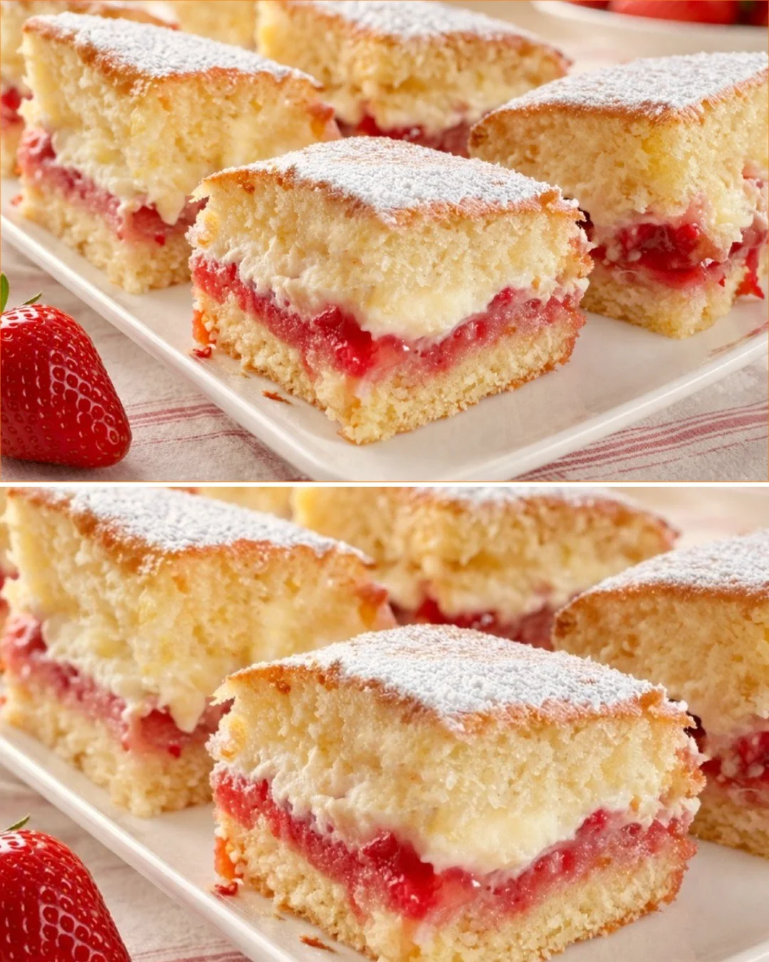 Luftiger Erdbeer-Sahne-Kuchen auf einem Teller mit frischen Erdbeeren dekoriert