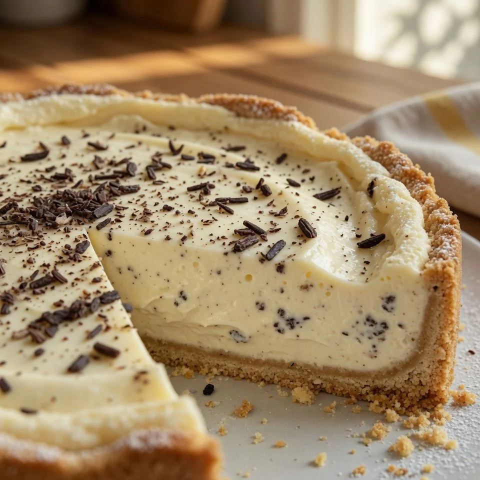 Tonkabohnen-Vanille-Käsekuchen auf einem Teller serviert