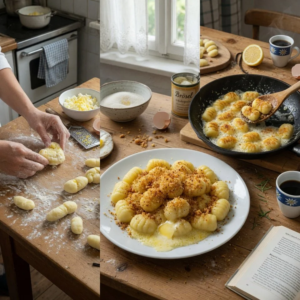Topfen-Gnocchi mit Butterbröseln auf einem weißen Teller serviert