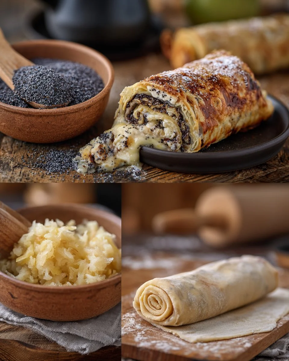 Leckere Topfen-Strudel gefüllt mit Mohn und Äpfeln auf einem Teller