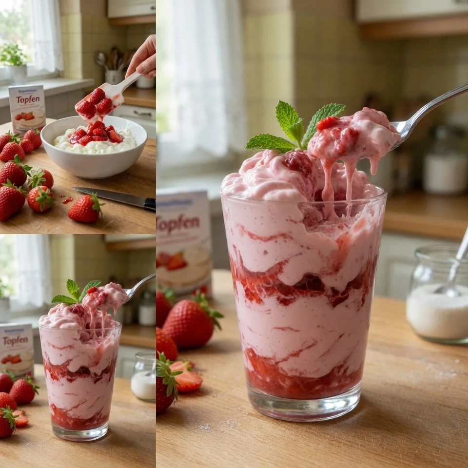 Cremiges Erdbeer-Topfen Dessert in einer eleganten Schale serviert