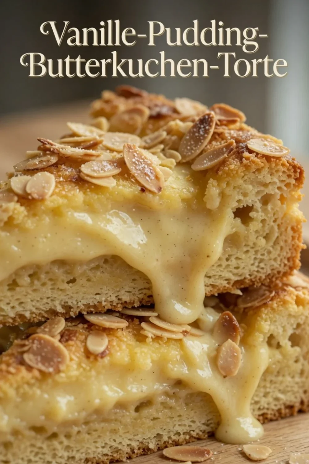 Leckere Vanille-Pudding-Butterkuchen-Torte auf einem dekorativen Teller