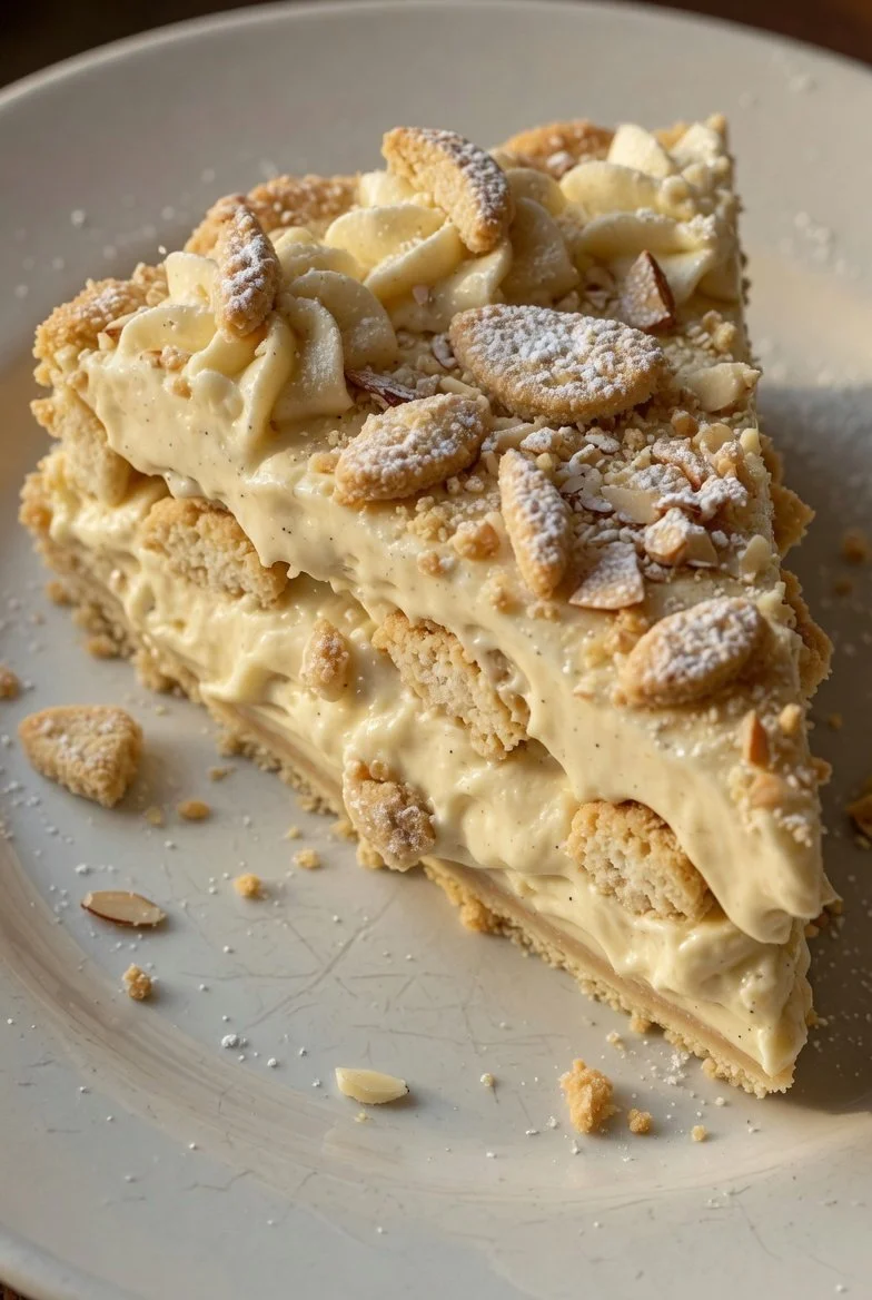Vanillekipferl-Creme-Torte auf einem eleganten Dessertteller serviert