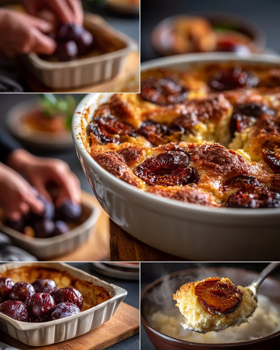 Warmer Topfen-Grieß Auflauf mit Zwetschken, lecker und cremig.