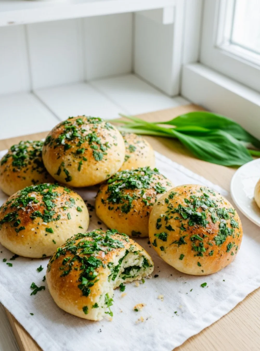Wilde Knoblauchbrötchen mit Quark und Parmesan auf einem weißen Teller serviert.