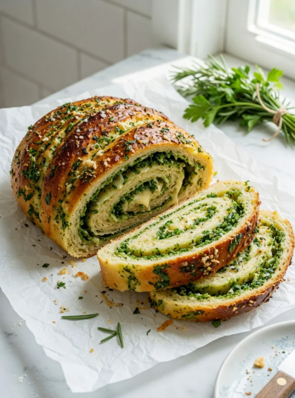 Knoblauch-Kräuterbrot mit Käse auf einem Holzbrett serviert