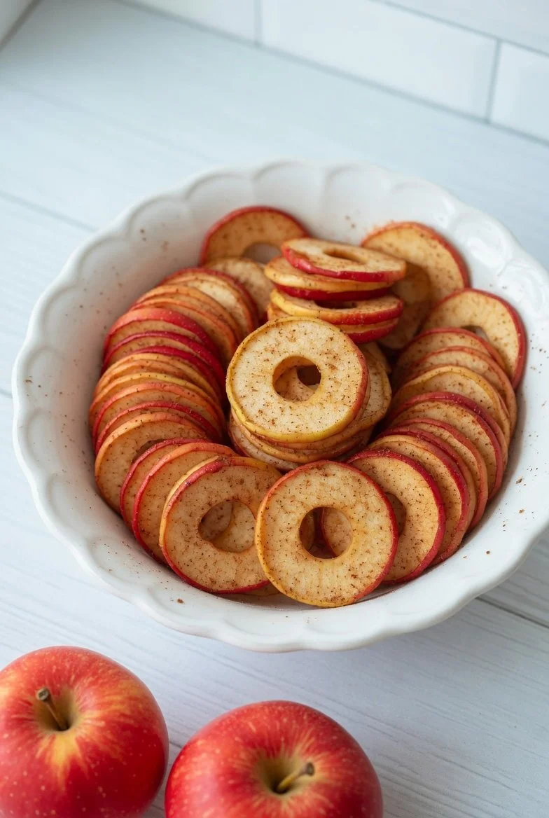 Crispy Zimt-Apfelchips in einer Schale, idealer Snack für Zwischendurch