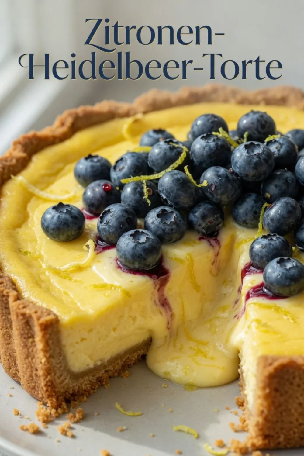 Zitronen Heidelbeer Frischkäse Torte mit frischen Beeren und Cremetopping